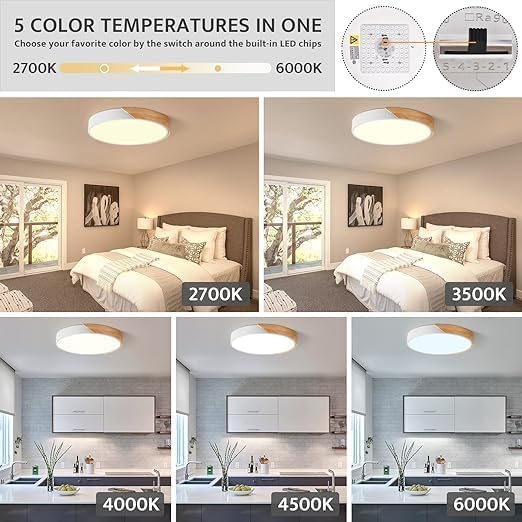 Modern Dimmable Wood Ceiling Light, White Flush Mount Ceiling Light Fixture, 5CCT Minimalist Round Ceiling Lamp for Bedroom Hallway Entryway Laundry Room Dining Room, 15.74"