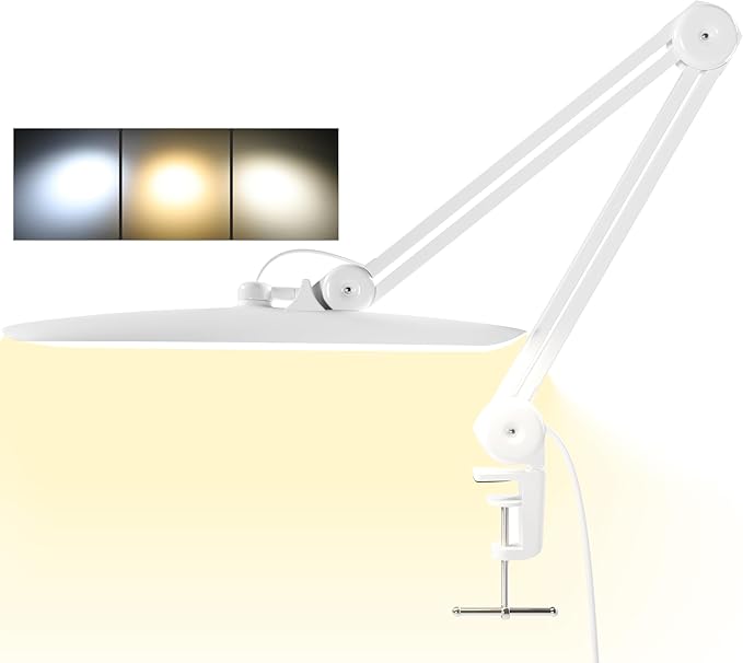 3000 Lumens Adjustable LED Desk Lamp & Task Lamp - Bright, Dimmable Lighting for Office, Crafts, Nails &Salon with Clamp (CCT, White)