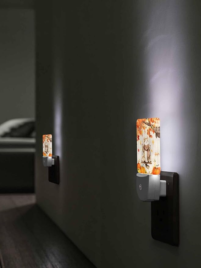 Thanksgiving Night Lights Plug into Wall LED Night Light Fall Pumpkin Cute Cat Maple Leaf Vintage Automatic Dimmable Dusk-to-Dawn Square Shaped Smart Nightlight for Bathroom/Bedroom