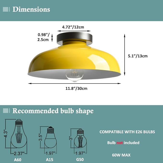 DIRYZON Industrial Yellow Semi Flush Mount Ceiling Light, 12-Inch | Macarons Ceiling Light Industrial Mount Fixture for Bedroom Hallway Porch Kitchen Entryway