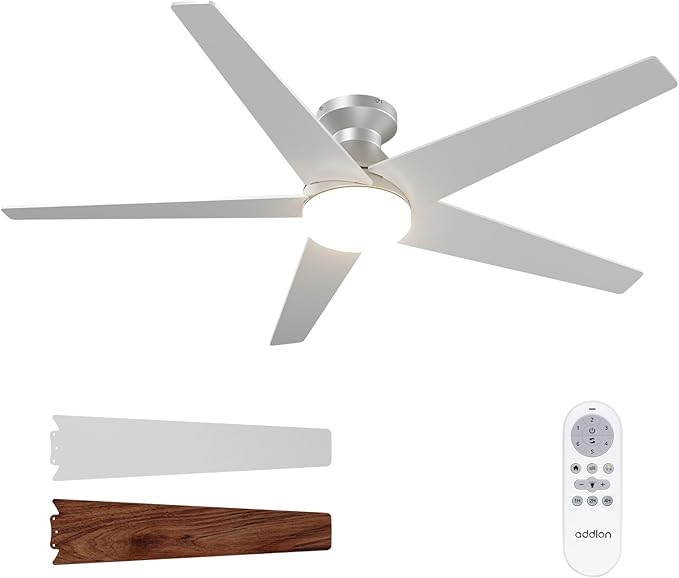 addlon Ceiling Fans with Lights, 52 Inch Low Profile Ceiling Fan with Light and Remote Control, Flush Mount, Reversible, 3CCT, Dimmable, Quiet, Silver Ceiling Fan for Bedroom Indoor/Outdoor Use
