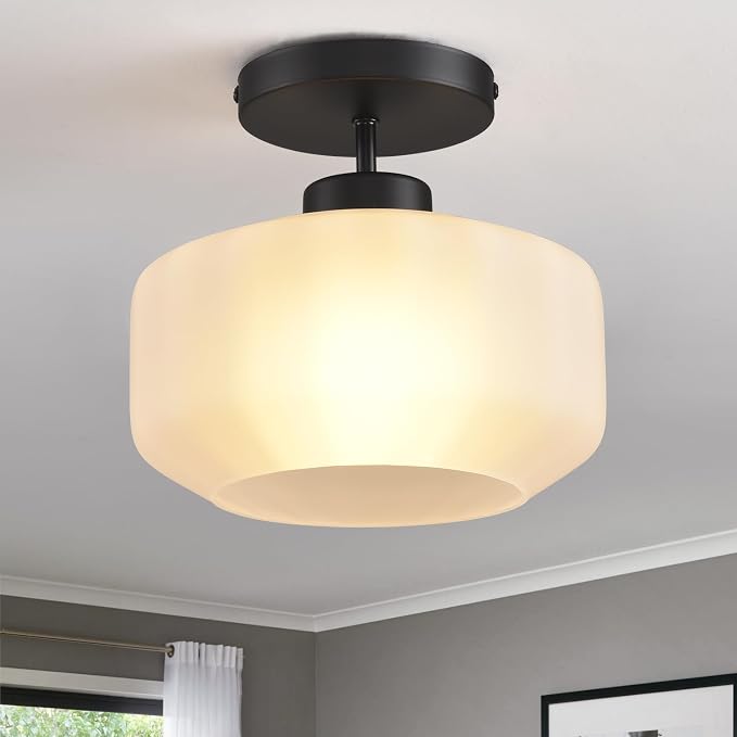 Industrial Black Matte Light Fixtures Ceiling Mount, with Frosted Glass Shades Semi Flush Mount Ceiling Light, for Hallway Fixtures Kitchen, Foyer
