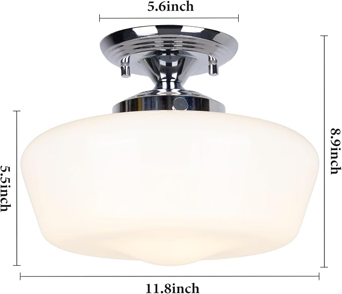 Schoolhouse Style Semi Flush Mount Ceiling Light Fixture, 12" Modern Chrome Hallway Ceiling Lamp with Opal Milk Glass Shade, Farmhouse Globe Light for Bedroom Kitchen Hallway Entryway Laundry