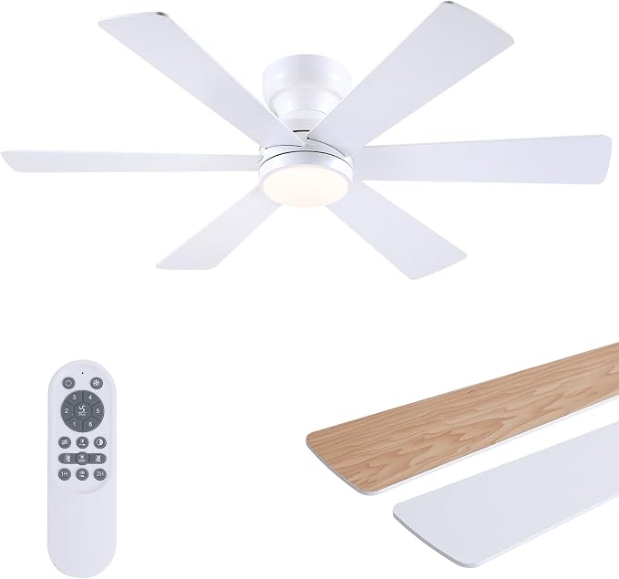 Asyko 46"White 6-Blade Modern Low Profile Ceiling Fan with Light and Remote | 6 Double-Sided Blades,6 Wind Speeds, Reversible,Dimmable 3 CCT LED Light, 25W Quiet DC Motor,1/2H Timer,for Bedroom Kitchen
