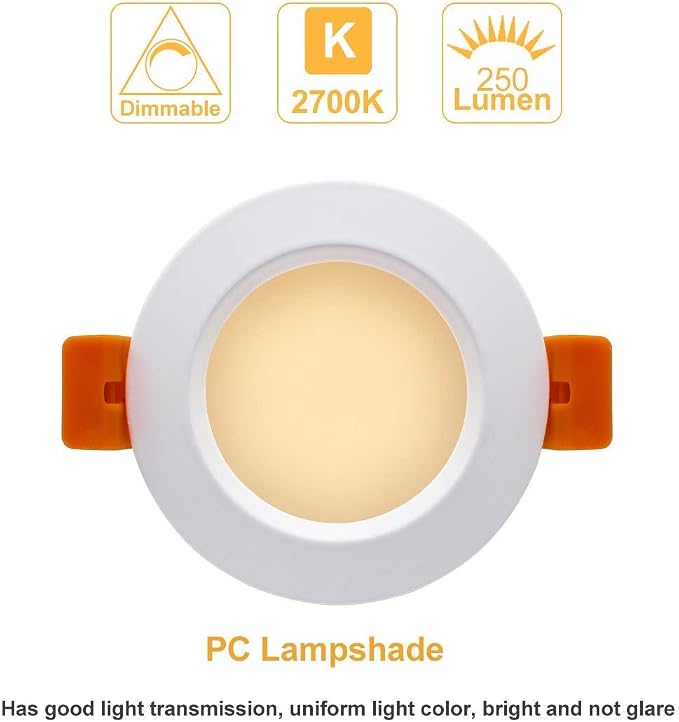 2 Inch LED Recessed Lighting, Dimmable Downlight 3W (35W Halogen Equivalent), CRI80+, 2700K Ultra Warm White Recessed Ceiling Light with LED Driver (1 Pack)