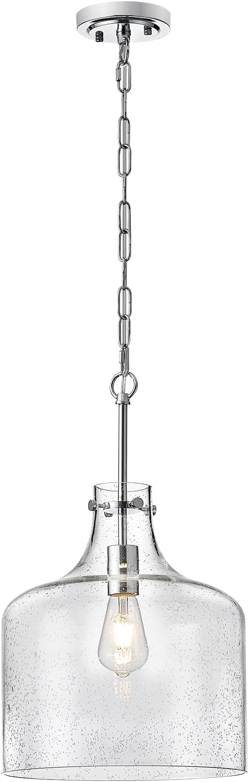 12" Chrome Seeded Glass Pendant Light, Modern Farmhouse Hanging Ceiling Light Fixture for Kitchen Island, Dining Room, Hallway, Hand-Blown Bubble Glass Shade, E26 Dimmable Pendant Lighting