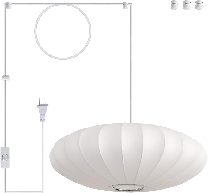 19.7in Plug in Lantern Pendant Light, White Imitation Silk Pendant Light Wabi Sabi Saucer Japanese Bubble Hanging Lamp Chandelier for Living Dinning Room Kitchen Island Bedroom 1 Pack