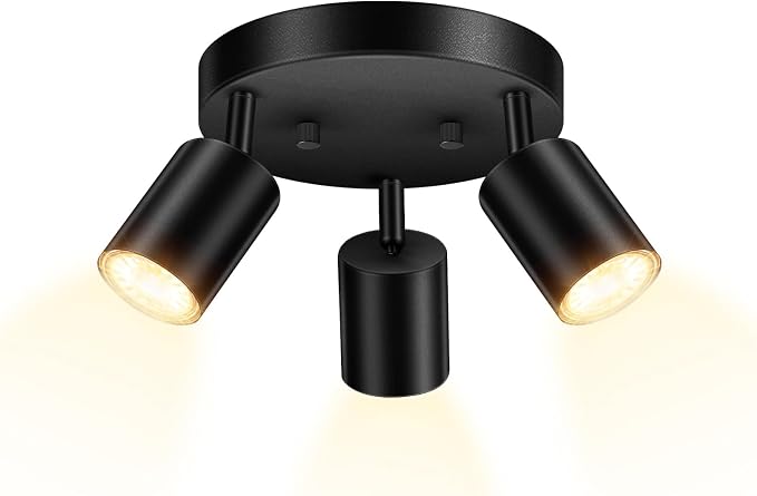 AUQUEE LED 3 Light Track Lighting Kit, LED Track Lighting Fixtures, Black Round Ceiling Spot Lighting, Flexibly Rotatable Light Head for Kitchen, Living Room, Bedroom, GU10 Bulb Not Included