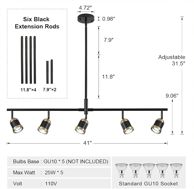5-Light Track Lighting Kit Black Track Light Flexibly Rotatable Light Head Adjustable Height Modern Spotlight for Kitchen Living Room Dining Room Bedroom Closet Bar