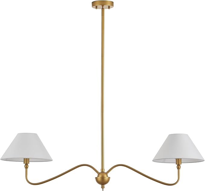 Modern Gold Linear Chandelier for Kitchen Island, 2-Light Linear Light Fixture with Off-White Fabric Shade, Rustic Pendant Light for Dining Room