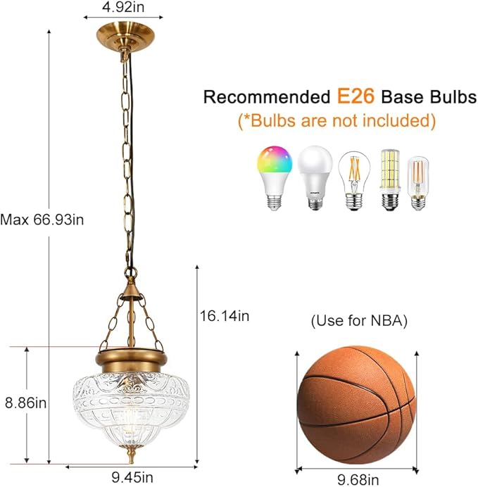 Vintage Pendant Light - Bronze Gold Pendant Lights Kitchen Island with Floral Glass, Brass Penant Lighting Fixtures with Adjustable Hanging Chain for Kitchen, Dining Room, Entryway