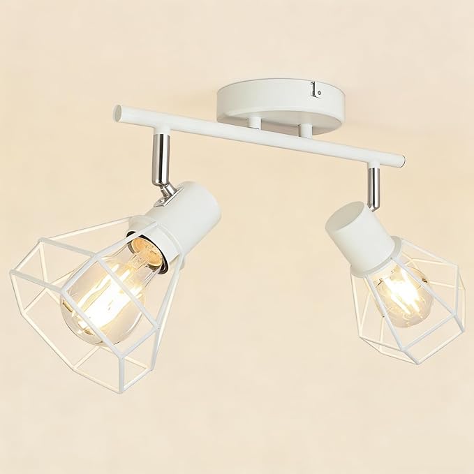 HiBay 2-Light Ceiling Track Lighting Fxiture White, Modern Spotlight, E26 | Rotatable 2 heads with farmhouse metal cage shade for kitchen bedroom bedside wall, bulb not included