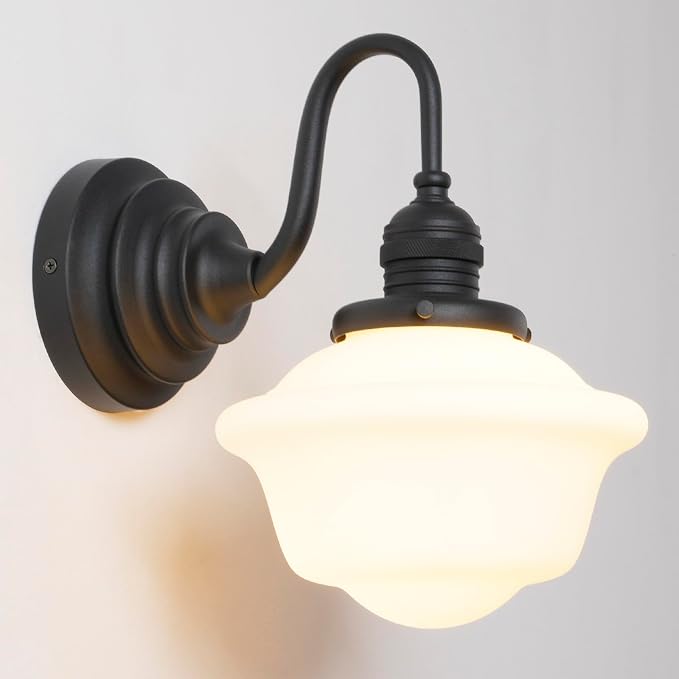 Vintage Wall Sconce Black Milk Glass Bathroom Vanity Light | 1 Pack,Bathroom Light Fixtures,Matte Black,Frosted Milk Glass,Hardwired Only,E26 Base,for Bathroom Mirror Hallway