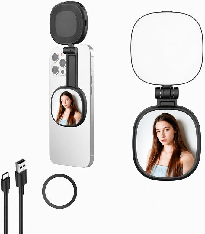 Magnetic Selfie Light Compatible with MagSafe, Foldable LED Phone Light with Mirror, 72 LEDs Stepless Brightness & Color Temperature, 360° Rotating Fill Light for Selfies, Makeup, TikTok, Zoom