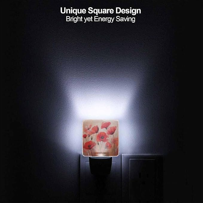 Poppy LED Night Lights Plug into Wall Red 0.5W Plug in Night Light, Dusk to Dawn, Bright Nightlight Auto On/Off, for Room Bedroom Bathroom