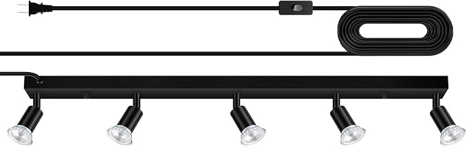 Plug in Track Light,30"Track Ceiling Lighting Fixtures,Black 5 Way GU10 Wall Spotlight, Rotatable Track Head,LED Wall Light for Kitchen Cabinet Gallery Bar Hallway Living Room,Rocker Switch,15 FT Cord