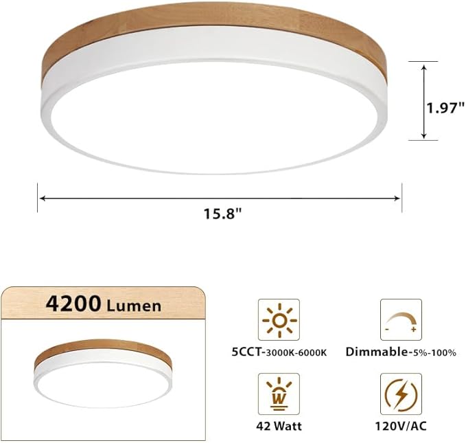 15.8 inch Dimmable Wood LED Flush Mount Ceiling Light Fixture,36W 3600LM,3000K/3500K/4000K/5000K/6000K CCT Selectable,Close to Ceiling Round Flat Panel Light for Bedroom,Hallway,Kitchen