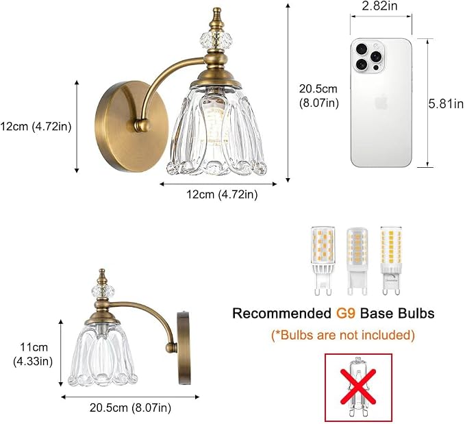 Brushed Antigue Brass Wall Sconces Set of Two, Hardwired Bathroom Vanity Light Fixtures, Vintage Sconces Wall Deco Set of 2, Glass Wall Lights for Bathroom, Bedroom,Hallway (Excludes G9 Bulb)