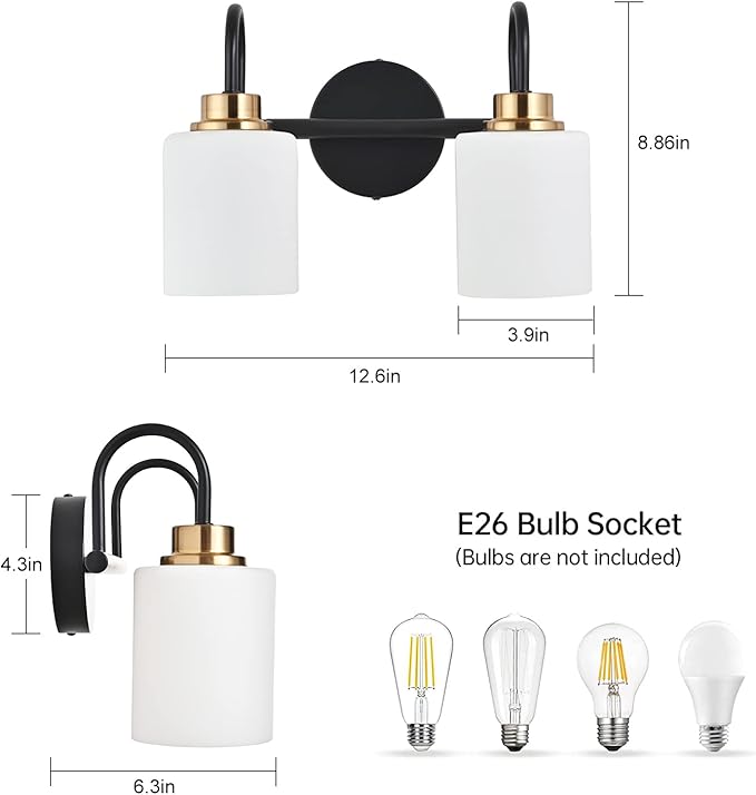 Modern Matte Black and Gold Bathroom Vanity Light Fixtures 2 Lights Milky Glass Wall Sconce Light Modern Vanity Lights Over Mirror(Exclude E26 Bulb)