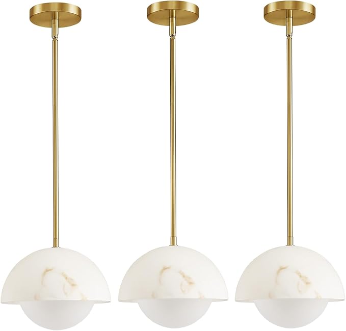 Modern Pendant Light Fixtures: 10 Inch Resin Shade Mid Century Chandelier with Milk Glass Globe - Adjustable Gold Pendant Lighting for Kitchen Island 3 Packs