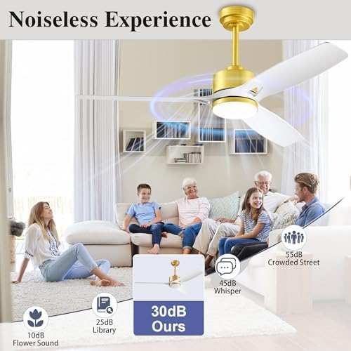 52 Inch Ceiling Fans with Lights and Remote Control - Outdoor Indoor Flush Mount Low Profile White Gold Ceiling Fans for Living Room,Bedroom,Patio