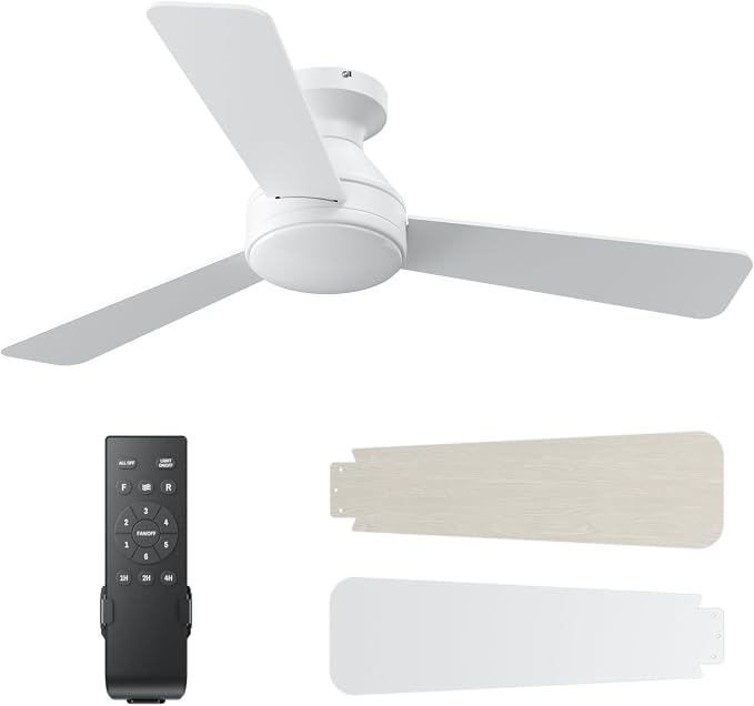 42 Inch Ceiling Fans with Lights And Remote, 3CCT/Flush Mount/6 Speed/White | Flush Mount Low Profile Ceiling Fan, 6 Speed Noiseless LED Ceiling Fan, White Ceiling Fan with Remote for Bedroom Living Room