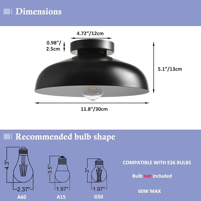 DIRYZON Flush Mount Ceiling Light, 12-Inch Industrial Black Ceiling Light | Ceiling Light with Metal Shade Lighting for Bedroom Hallway Kitchen Entryway