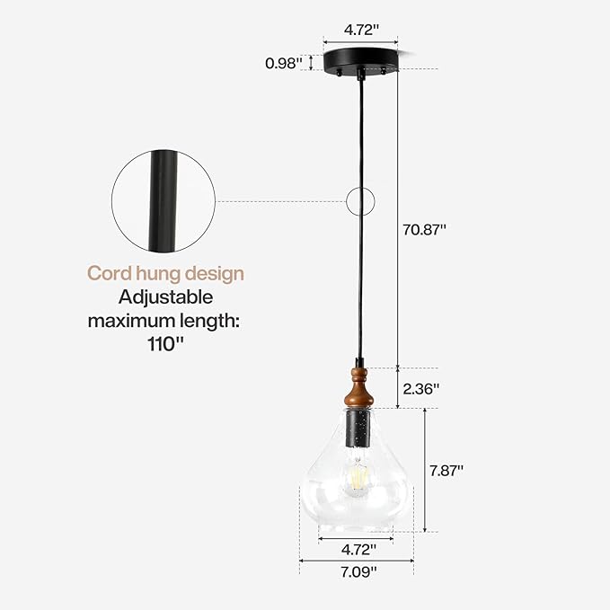Farmhouse Teardrop Pendant Light for Kitchen Island, Brown Pine Wood and Seeded Glass Shade Hanging Light Fixture, Adjustable Cord, Rustic Dining Room, Coffee Shop and Bar
