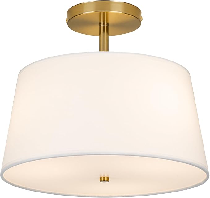 CALOKES Modern Cone-Shaped Semi Flush Mount Ceiling Light Fixture, 3-Light Drum Lamp with Gold Brass Finish and White Fabric Shade for Bedroom, Kitchen, Dining Room, Hallway, Entryway, and Foyer