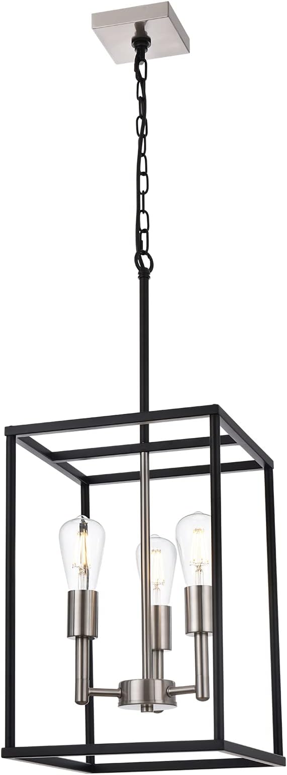 3 Lights Lantern Kitchen Island Pendant Lighting in Black and Brushed Nickel Finish, Industrial Hanging Lantern Chandelier for Dining Room Living Room Adjustable Height