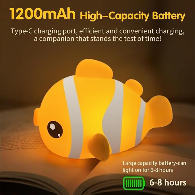 Clownfish Night Light, Rechargeable Silicone Touch Lamp, 3 Levels