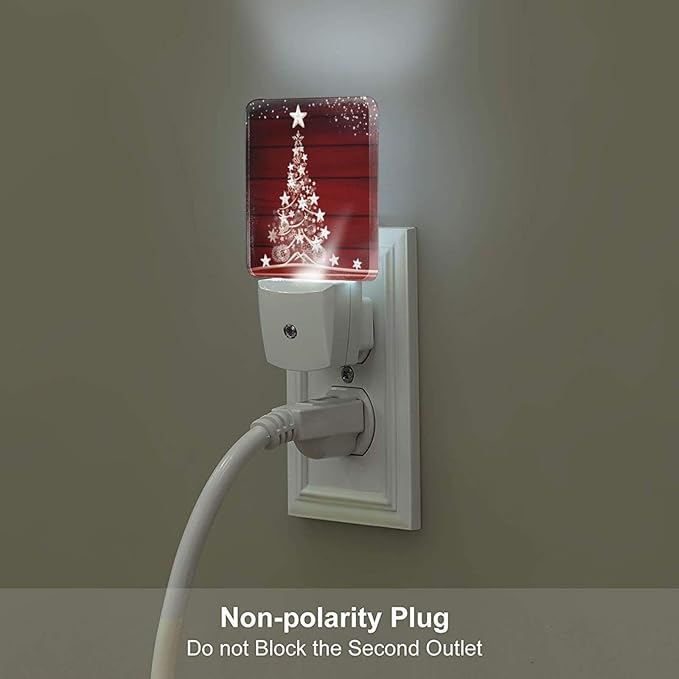 Winter Snowflake Pine Red Christmas Tree Wood Night Light Set of 2, Christmas Auto Sensor LED Dusk-to-Dawn Nightlights, Plug-in Sensor Lamp for Bedroom Bathroom Kitchen Hallway Stairs Decorative