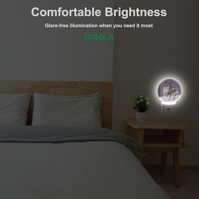EKOBLA Wolf Spirits Night Lights Plug into Wall Wolf Howling in Woods Magical Wildlife Animal Plug-in Nightlights Dusk to Dawn Sensor Home Wall Decor Round Lamp for Boys Girls Men Women