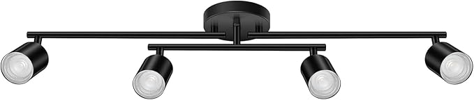 4 Light Track Lighting Kit Kitchen, Black Track Lighting Fixtures Ceiling, 4 Way Modern Flexible Spot Track Lighting, Industrial LED Lights for Room Hallway Bedroom(GU10 Socket, Bulb Not Included)