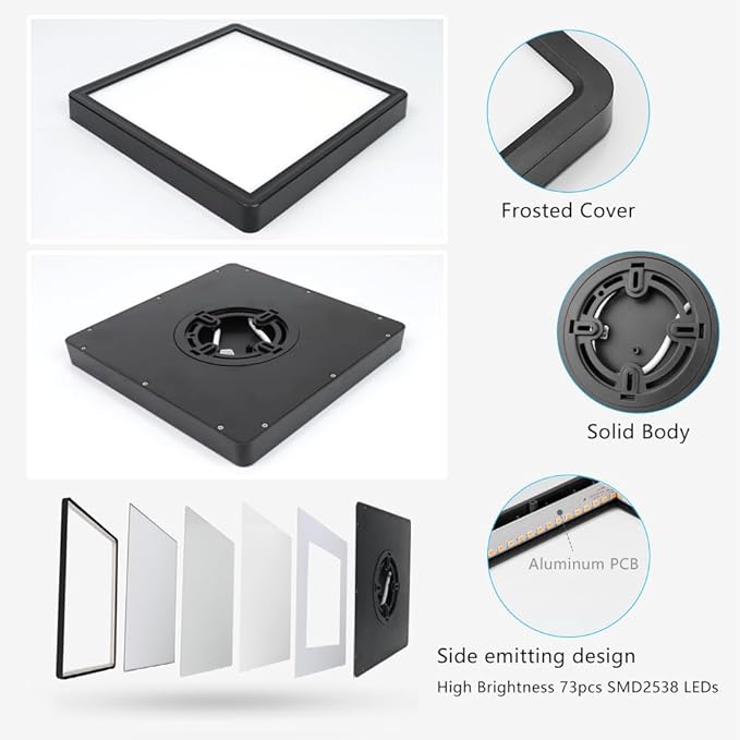 9Inch 18W Square LED Ceiling Light Fixtures Flush Mount, 6000K Cold White LED Ceiling Lamp, Surface Mount Modern Ceiling Lights, Black Slim Flat Panel Lighting for Bedroom, Kitchen, Bathroom Etc