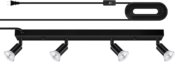 AUQUEE Plug in Track Light, 23", Black, 4 Way GU10 Wall Spotlight | Track Ceiling Lighting Fixtures, Rotatable Track Head, LED Wall Light for Kitchen Cabinet Gallery Bar Hallway Living Room