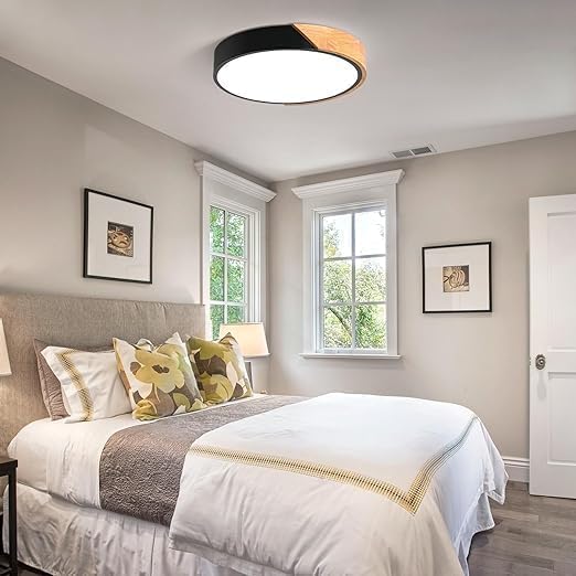Modern LED Ceiling Light, Minimalist Wood Dimmable Flush Mount Ceiling Light Fixture, Round 5CCT Lighting Lamp with Acrylic Lampshade for Bedroom Hallway Laundry, Black 11.8"