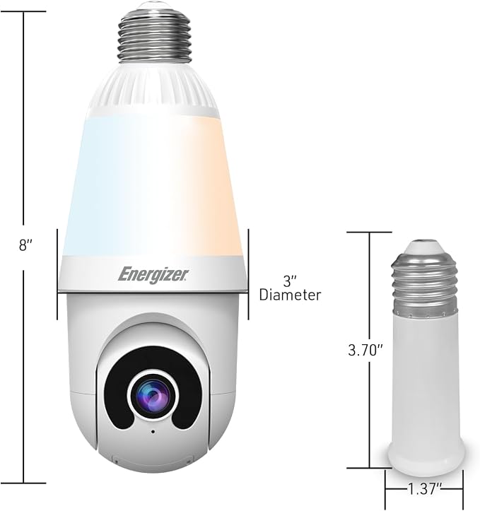Energizer Smart 2K Light Bulb Security Camera, 1000 Lumens LED Light, 5G&2.4G Wi-Fi Outdoor Socket Camera, Pan Tilt Auto Tracking, (White, App Enabled Smart Detections)