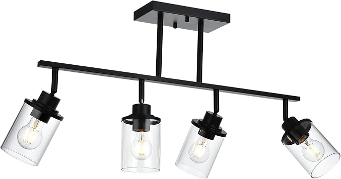 Yaohong 4-Light Black Farmhouse Track Lighting Fixtures Ceiling, Bathroom Track Lighting Kit Wall Light with Ajustable Heads, Kitchen Track Lighting Fixtures with Glass Shade for Hallway Shop