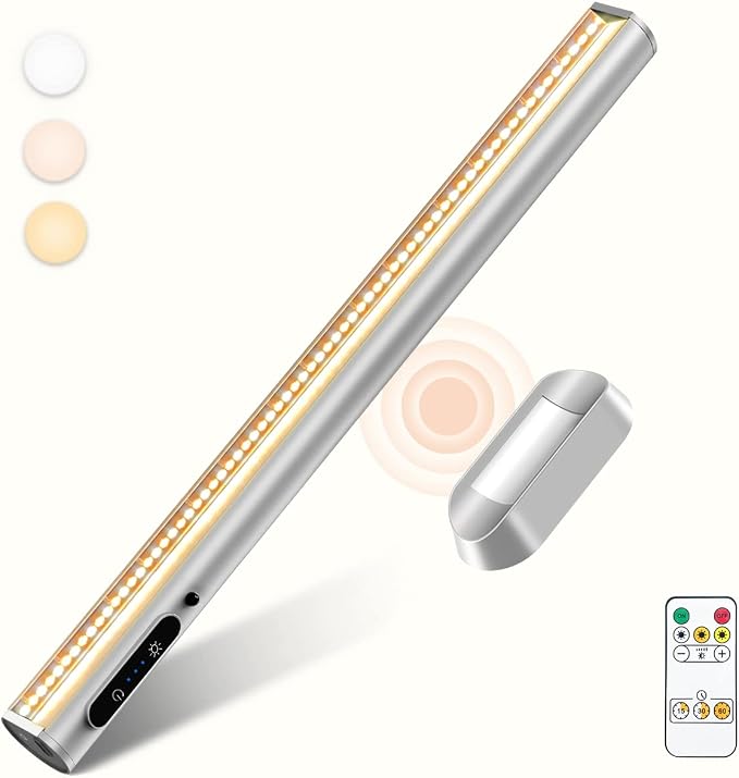 Rechargeable Magnetic LED Light Bar, 4000mAh Wireless Closet Light | Under Cabinet Lighting, Battery Powered Operated Wall Strip Light, Dimmable Lamp for Mirror Closet Picture Kitchen Silver