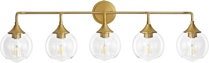 Farmhouse Bathroom Vanity Light Gold 5-Light Vanity Light 39" | Modern Vanity Lighting Fixtures Over Mirror, Thickened Clear Glass Shade, UL E26 Dimmable Vanity Light Fixtures