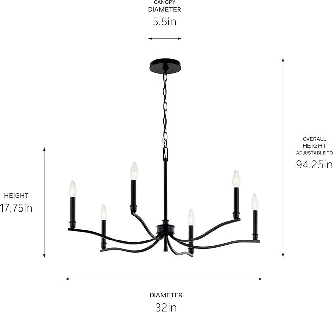 Kichler Malene 6-Light Chandelier, Updated Traditional Light in Black, Sloped Ceiling Compatible, for Foyer, Dining Room, Living Room or Bedroom (17.75" x 32"), 52695BK