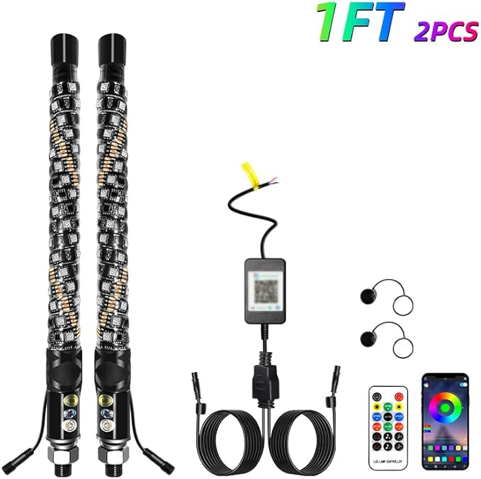 S7 2 Pack 1FT Whip Lights, LED Whip Light with App & Remote Control, Spiral RGB Chasing Lighted Antenna Whips,Whip Light for UTV ATV RZR SXS Can-Am Dune Buggy Offroad Truck (1ft)