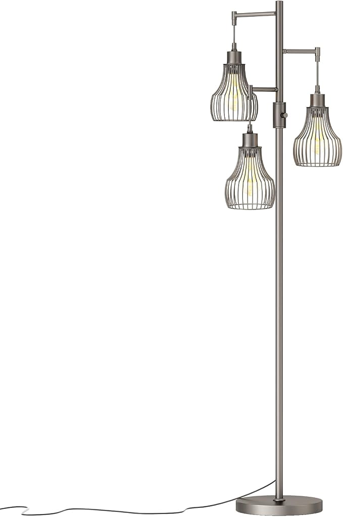 Ziisee Dimmable Floor Lamps for Living Room, Industrial Tree Standing Tall Lamps with 3 Elegant Cage Shade for Bedroom Office - Grey