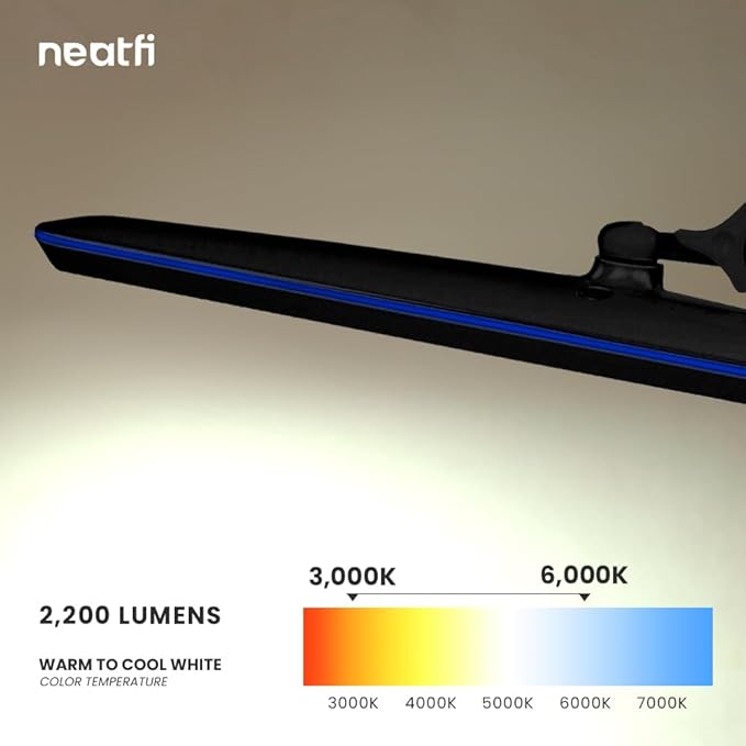 Neatfi XL 2,200 Lumens 20W LED Task Lamp – 23” Ultra-Wide Head | 182 SMD LEDs | 4 Brightness Levels | 3 Light Modes | Eye-Caring, Glare-Free | Adjustable Arm (CCT with Clamp, Black)