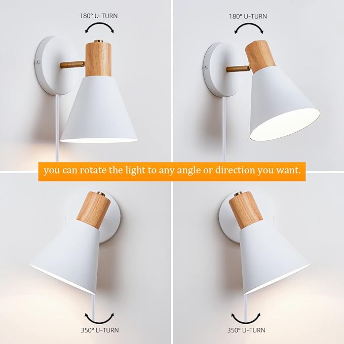 ClanKin Plug in Wall Sconces Lighting for Bedroom, White Dimmable Wood Style Wall Sconce Reading Lamp, Adjustable Wall Light for Bedroom Hallway Living Room (White-Plug in, 1)