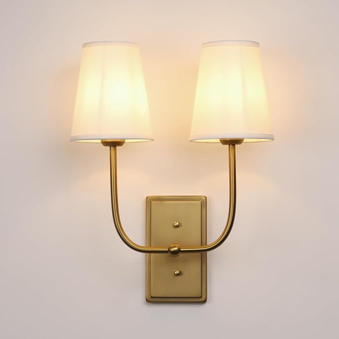 Vintage 2-Lights Wall Sconces with Funnel White Fabric Shades, Double Head Bathroom Vanity Lights Fixture, Indoor Wall Lamps for Bedroom Living Room Hallway Stairway