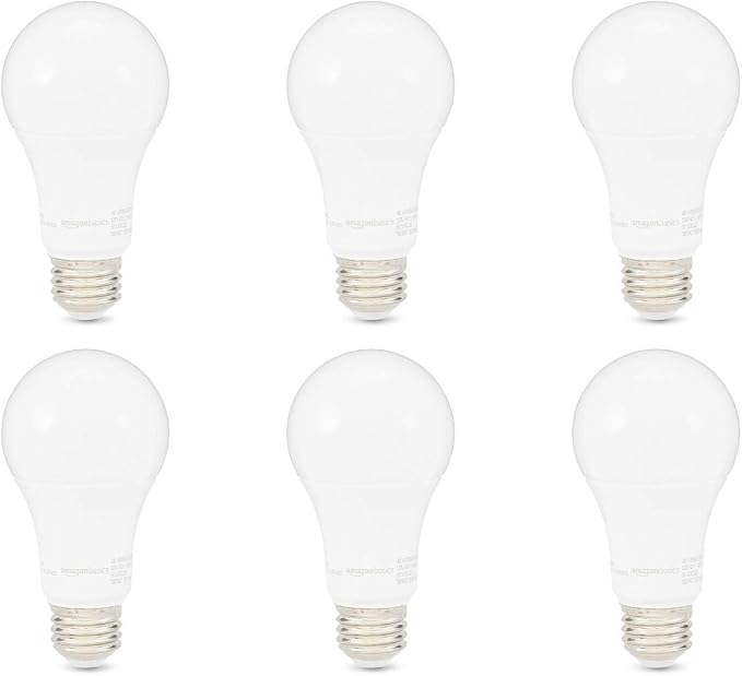Amazon Basics A19 LED Light Bulbs, 100 Watt Equivalent, Energy Efficient 15W, E26 Standard Base, Soft White 2700K, Dimmable, 10,000 Hour Lifetime , 6-Pack
