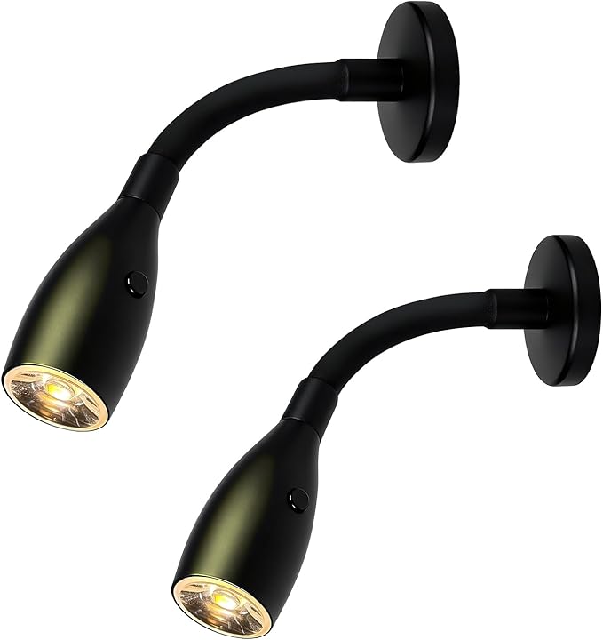 THALASSA 2-Pack 12V Flexible Gooseneck Light Black RV Reading Light Warm White & Red Night Mode Wall Mounted Bedside Under-Cabinet Lights On Camper Van Camping Trailer Motorhome