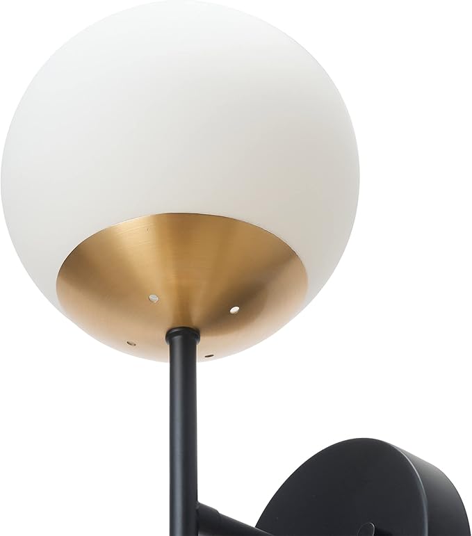 Globe Electric 52079 2-Light Wall Sconce, Matte Black, Antique Brass Accent Socket, Matte Opal Glass Shades, Modern Light for Living Room or Bedroom, Dimmer Switch Compatible, E26 Base